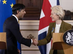 Prime Minister Rishi Sunak and European Commission president Ursula von der Leyen during a press conference at the Guildhall in Windsor, Berkshire, following the announcement that they have struck a deal over the Northern Ireland Protocol. Picture date: Monday February 27, 2023.