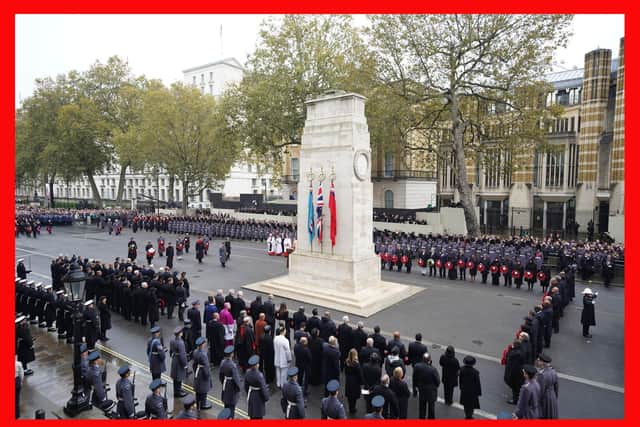Members of the Royal Family join members of the military and veterans laying wreaths during the Remembrance Sunday service at the Cenotaph in London. PIC: Aaron Chown/PA Wire