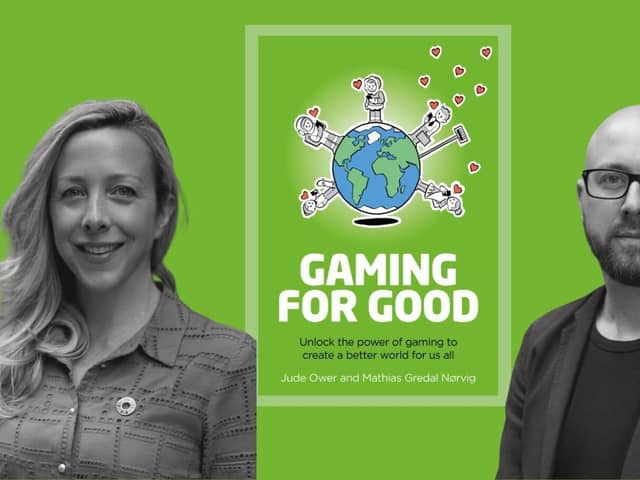 Authors Jude and Mathias next to their new book "Gaming for Good".