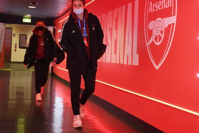 Jen Beattie of Arsenal before the UEFA Women's Champions League group C match between Arsenal WFC and FC Barcelona at Emirates Stadium on December 09, 2021 in London, England. (Photo by David Price/Arsenal FC via Getty Images)