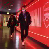 Jen Beattie of Arsenal before the UEFA Women's Champions League group C match between Arsenal WFC and FC Barcelona at Emirates Stadium on December 09, 2021 in London, England. (Photo by David Price/Arsenal FC via Getty Images)