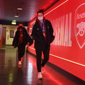 Jen Beattie of Arsenal before the UEFA Women's Champions League group C match between Arsenal WFC and FC Barcelona at Emirates Stadium on December 09, 2021 in London, England. (Photo by David Price/Arsenal FC via Getty Images)