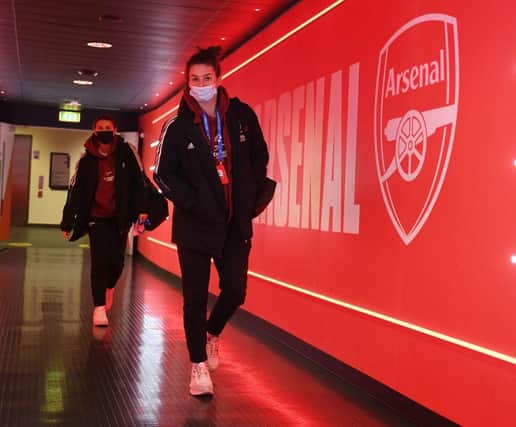 Jen Beattie of Arsenal before the UEFA Women's Champions League group C match between Arsenal WFC and FC Barcelona at Emirates Stadium on December 09, 2021 in London, England. (Photo by David Price/Arsenal FC via Getty Images)