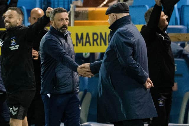 Kilmarnock manager Derek Mcinnes (L) and Arbroath manager Dick Campbell at full time.  (Photo by Craig Foy / SNS Group)