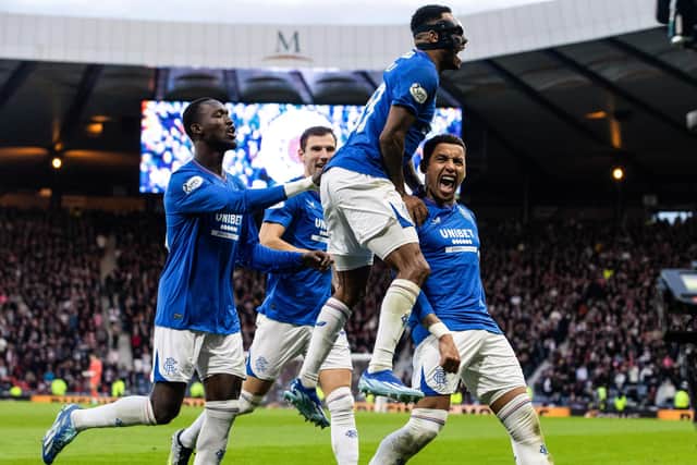 James Tavernier celebrates opening the scoring for Rangers against Hearts at Hampden.