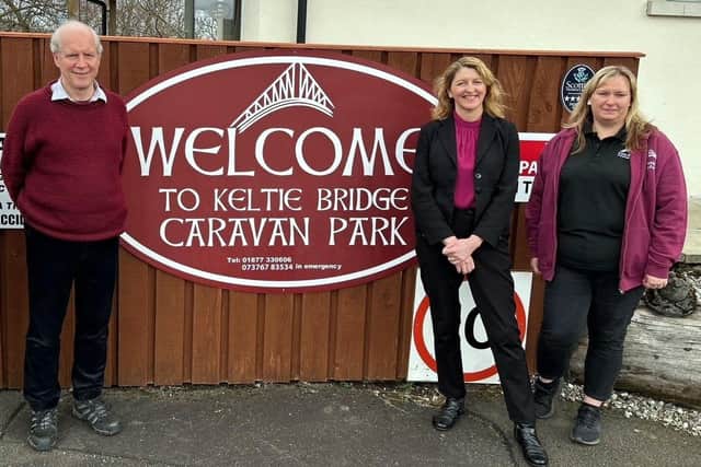 Evelyn Tweed MSP (centre) with Michael Buchanan of the Cambusmore Estate and park manager Natalie Turner