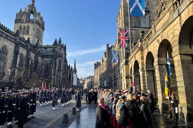 Lord Provost Robert Aldridge and First Minister Nicola Sturgeon led tributes to the fallen outside the City Chambers on Edinburgh's Royal Mile.