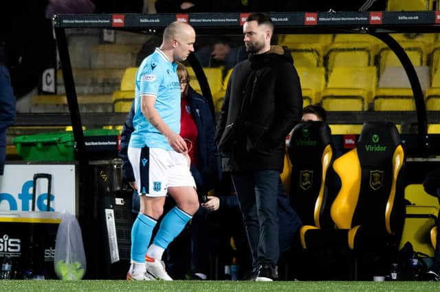 Skipper Charlie Adam looks unhappy as he is substituted before the hour mark during Dundee's 2-0 defeat to Livingston (Photo by Mark Scates / SNS Group)