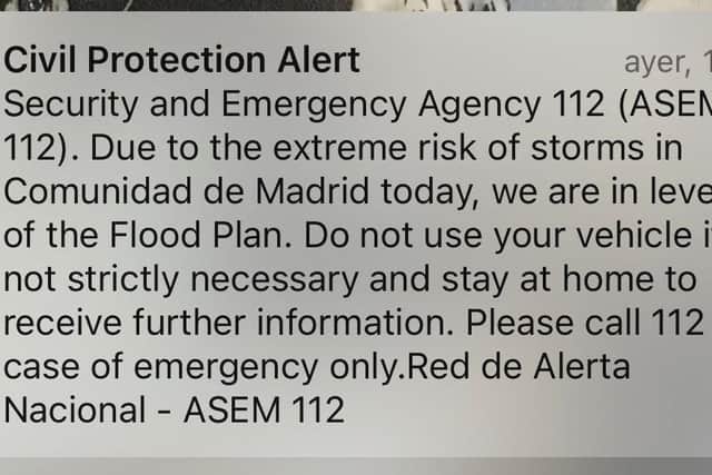 The alert was sent to mobile phones in the Madrid region.