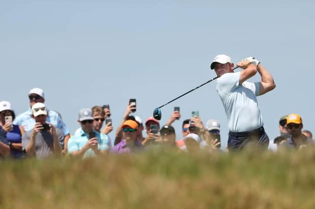 Rory McIlroy is the centre of attention with fans during a practice round prior to the 2021 PGA Championship at Kiawah Island Resort's Ocean Course in South Carolina. Picture: Patrick Smith/Getty Images