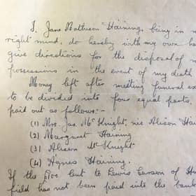 Jane Haining's handwritten will.