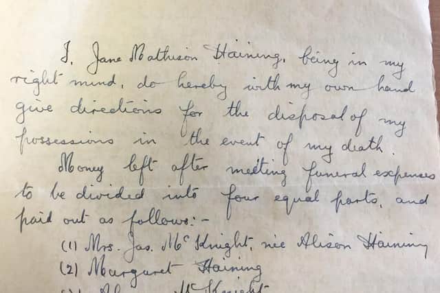 Jane Haining's handwritten will.