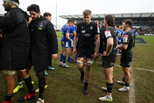 Glasgow Warriors look dejected following their defeat to Exeter in the Investec Champions Cup. (Photo by Harry Trump/Getty Images)