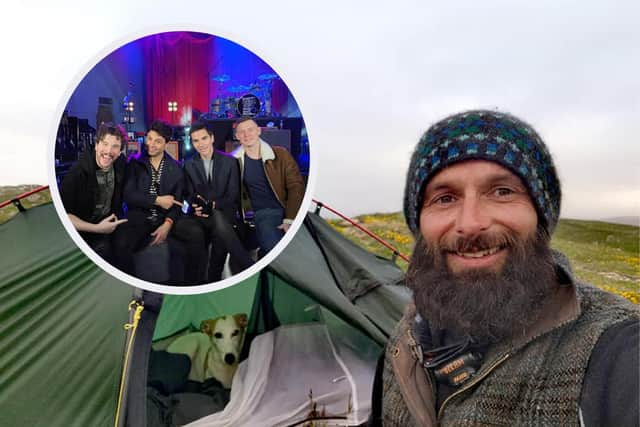 Chris Lewis has been walking the UK coastline since 2017. Here is a picture of him and his dog Jet, and an insert of the group Stereophonics picture: PA