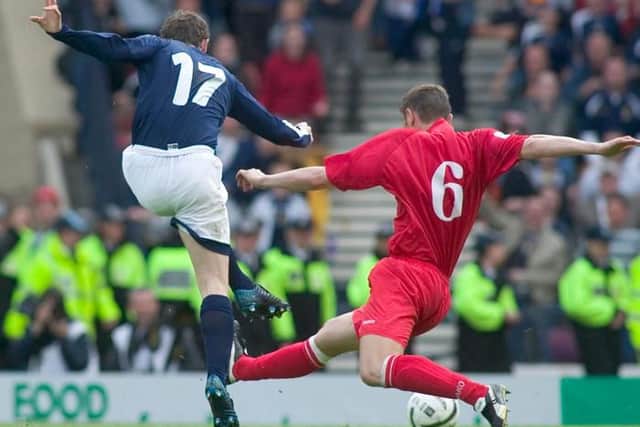 James McFadden (17) scores Scotland's second goal in the closing stages of the match in 2005.