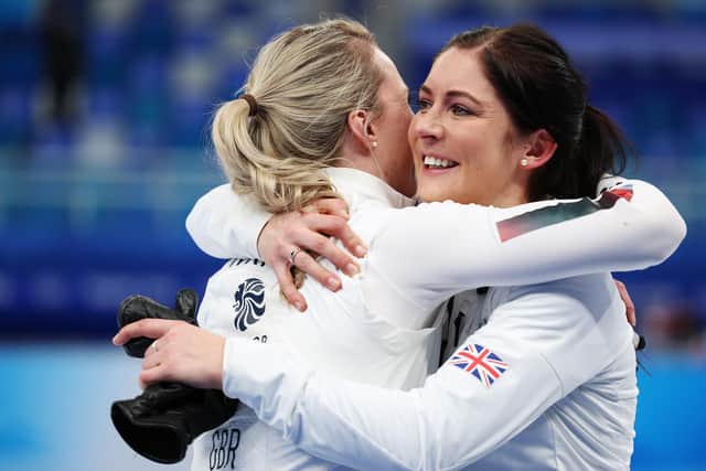 Vicky Wright and Eve Muirhead of Team Great Britain celebrate their victory against Team Sweden.
