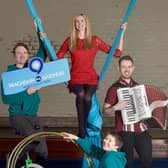 World Gaelic Week director Joy Dunlop launches 'Seachdain Na Gàidhlig' at Paisley Community Circus Paisley with  help from Gaelic speaker and acrobatic educator Kit Rodman-Orr (front), circus director Scott Craig, on left and Grant McFarlane, Seachdain na Gaidhlig project manager. Julie Howden