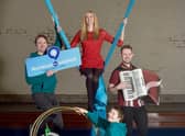World Gaelic Week director Joy Dunlop launches 'Seachdain Na Gàidhlig' at Paisley Community Circus Paisley with  help from Gaelic speaker and acrobatic educator Kit Rodman-Orr (front), circus director Scott Craig, on left and Grant McFarlane, Seachdain na Gaidhlig project manager. Julie Howden