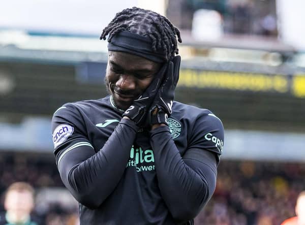 Hibs forward Elie Youan shows off his trademark celebration against Livingston.