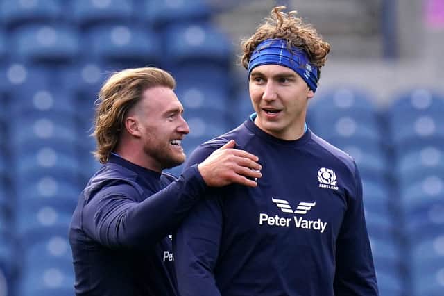 Scotland skipper Jamie Ritchie, right, with full-back Stuart Hogg during the captain's run at BT Murrayfield ahead of the Fiji game. (Photo: Jane Barlow/PA Wire)