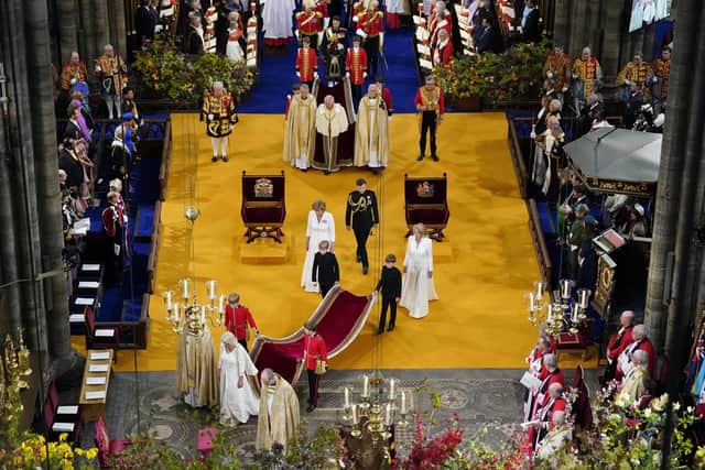 Queen Camilla and King Charles III arrive for their coronation at Westminster Abbey. Picture: Andrew Matthews - WPA Pool/Getty Images