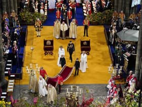 Queen Camilla and King Charles III arrive for their coronation at Westminster Abbey. Picture: Andrew Matthews - WPA Pool/Getty Images