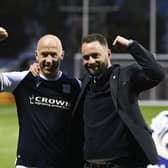 Dundee's Charlie Adam and manager James McPake at full time during a Scottish Premiership play-off final second leg match between Kilmarnock and Dundee at the BBSP Stadium, Rugby Park, on May 24, 2021, in Kilmarnock, Scotland. (Photo by Rob Casey / SNS Group)