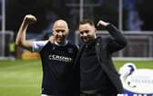 Dundee's Charlie Adam and manager James McPake at full time during a Scottish Premiership play-off final second leg match between Kilmarnock and Dundee at the BBSP Stadium, Rugby Park, on May 24, 2021, in Kilmarnock, Scotland. (Photo by Rob Casey / SNS Group)