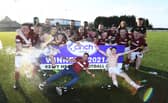 Kelty Hearts players celebrate after being crowned League 2 champions following a 1-0 win over Stenhousemuir at New Central Park.  (Photo by Ross MacDonald / SNS Group)