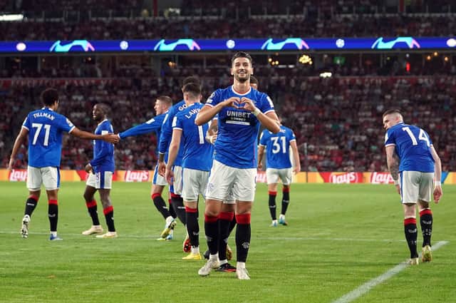 Antonio Colak celebrates his goal for Rangers in Eindhoven that secured Champions League group-stage football.