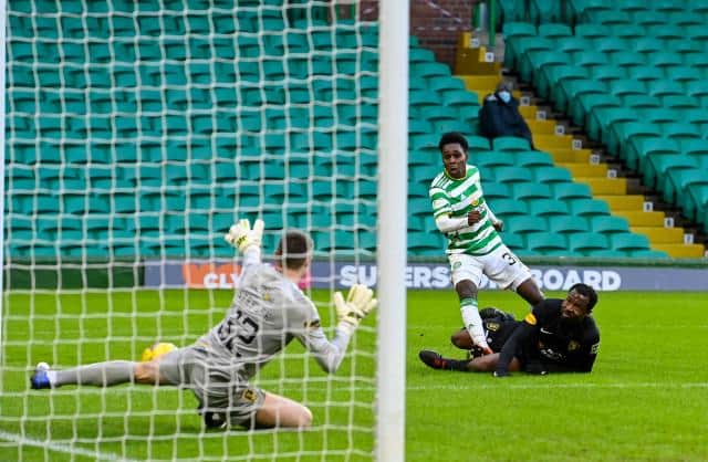 Jeremie Frimpong has a first half strike saved by Livingston goalkeeper Max Stryjek during a Scottish Premiership match between Celtic and Livingston at Celtic Park on January 16, 2021, in Glasgow, Scotland. (Photo by Rob Casey / SNS Group)