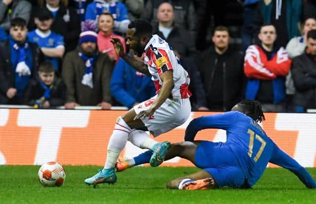 The challenge by Rangers midfielder Joe Aribo on Red Star Belgrade's Guelor Kanga at Ibrox last Thursday which earned the Nigerian international his second booking in this season's Europa League. (Photo by Craig Foy / SNS Group)