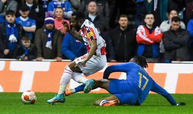 The challenge by Rangers midfielder Joe Aribo on Red Star Belgrade's Guelor Kanga at Ibrox last Thursday which earned the Nigerian international his second booking in this season's Europa League. (Photo by Craig Foy / SNS Group)
