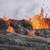 A close-up of the lava flowing from Fagradalsfjall volcano in Iceland.
