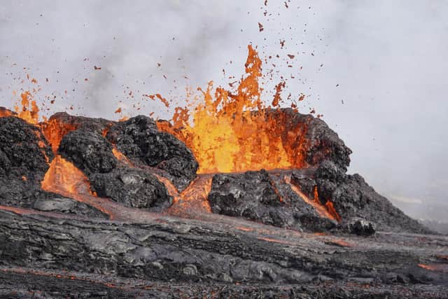 A close-up of the lava flowing from Fagradalsfjall volcano in Iceland.