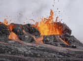 A close-up of the lava flowing from Fagradalsfjall volcano in Iceland.