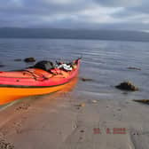 Ed Ley-Wilson's kayak on the beach near Knoydart
