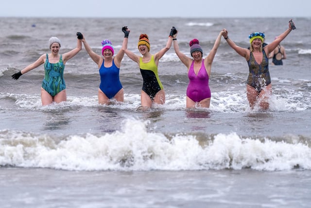 Swimmers take a dip in the Firth of Forth at Portobello in Edinburgh, to mark International Women's Day. International Women's Day Photo: Jane Barlow/PA Wire