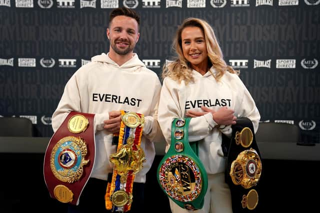 Josh Taylor, the undisputed super light-weight world champion, with his fiancee Danielle Murphy during a press conference at the new Sports Direct flagship store on Oxford Street, London. Picture: Kirsty O'Connor/PA Wire