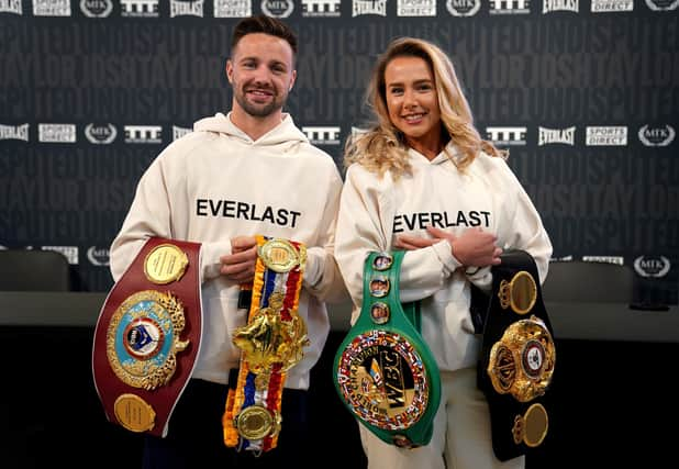 Josh Taylor, the undisputed super light-weight world champion, with his fiancee Danielle Murphy during a press conference at the new Sports Direct flagship store on Oxford Street, London. Picture: Kirsty O'Connor/PA Wire