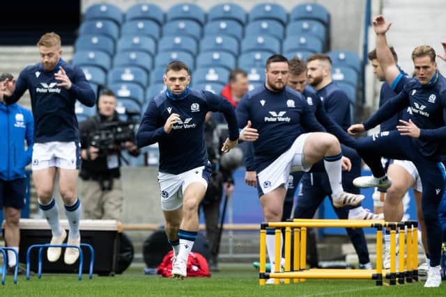 Kyle Steyn, Ben White, Zander Fagerson and Duhan van der Merwe train at Murrayfield ahead of the Wales game.  (Photo by Craig Williamson / SNS Group)