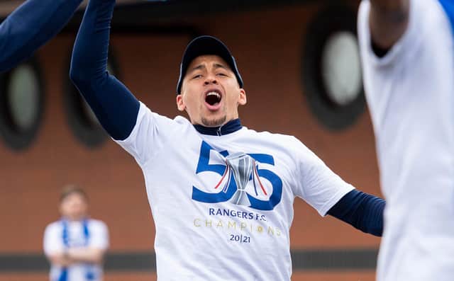 Rangers captain James Tavernier celebrates winning the league at the club's Auchenhowie training base. (Photo by Ross MacDonald / SNS Group)