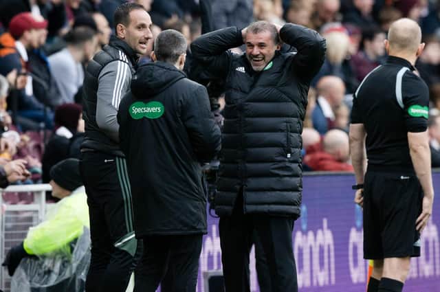 Celtic manager Ange Postecoglou can't believe his side haven't been given a penalty as his side won a 4-3 classic against Hearts (Photo by Craig Williamson / SNS Group)