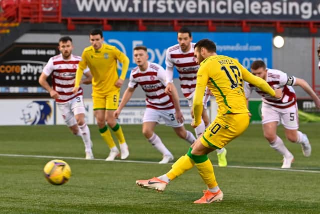 Hibs' Martin Boyle converts from the penalty spot as the Leith side comfortably defeat Hamilton. Photo by Rob Casey / SNS Group