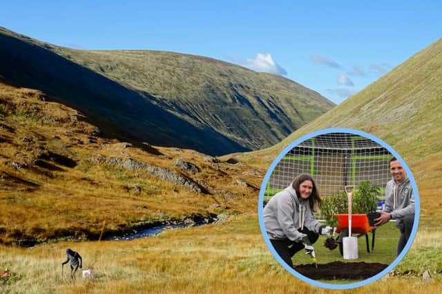 Planting will take place in thre areas at Talla and Gameshope. Picture shows Forest Green Rovers Chairman Dale Vince and Hannah Dingley - the first woman to become academy manager of a Football League club  - symbolically planting the first tree of the campaign on the ground’s pitch. Picture: Innocent