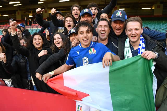 Ange Capuozzo celebrates with fans after Italy's Six Nations win over Wales in 2022. (Photo by Mike Hewitt/Getty Images)