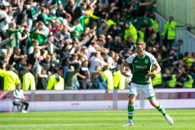 Josh Campbell celebrates after equalising for Hibs against Rangers in stoppage time at Easter Road. Picture: SNS