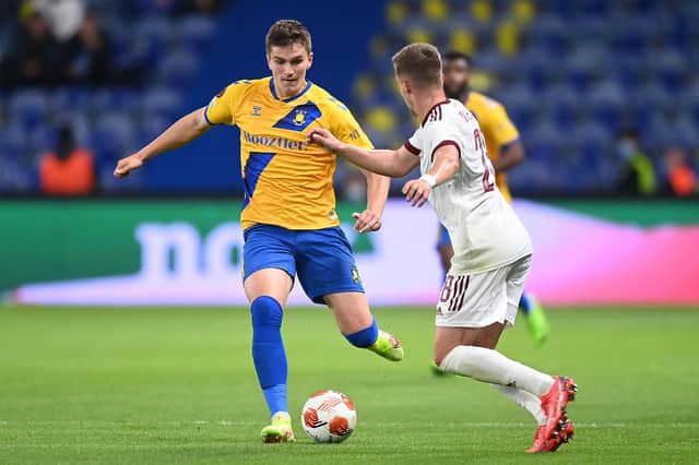 Striker Mikael Uhre (left) was Denmark's Player of the Year last season and could provide the biggest threat to Rangers for Brondby at Ibrox on Thursday night. (Photo by Thomas Sjoerup/Ritzau Scanpix/AFP via Getty Images)