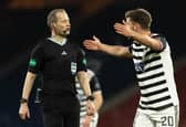 Queen's Park's Jack Turner is unhappy with Willie Collum during the match at Hampden.