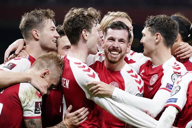 Denmark celebrate a key victory over Israel in Copenhagen.